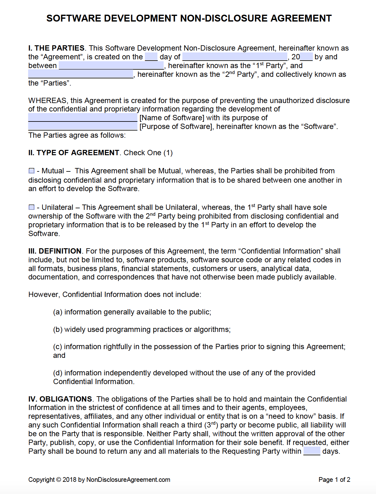 Non Disclosure Agreement Software Code